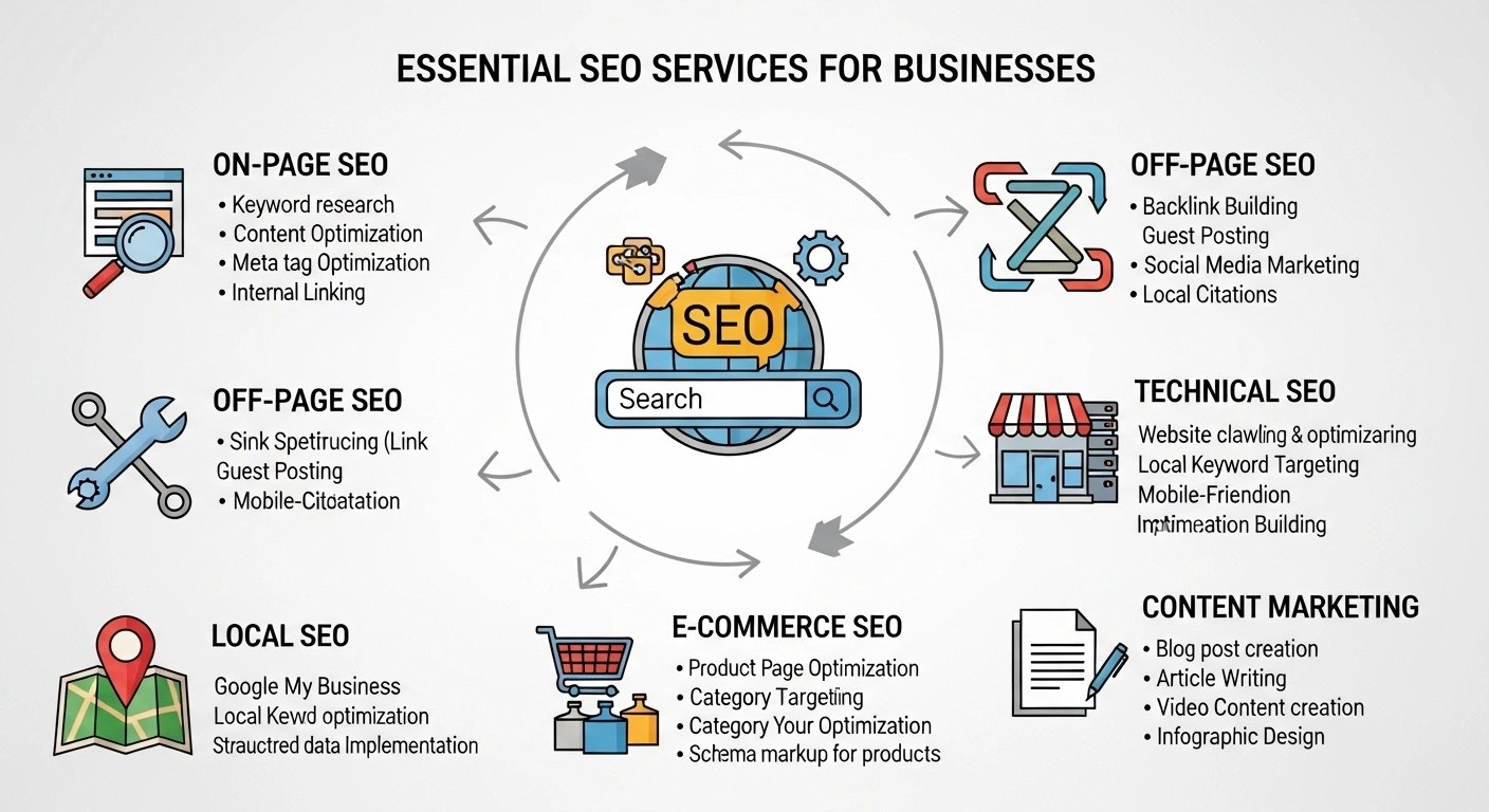 Infographic explaining the main types of SEO services for businesses.