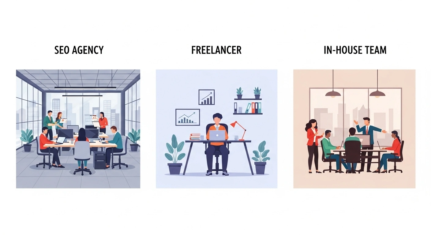 Comparison table of an SEO agency versus a freelancer versus an in-house team.